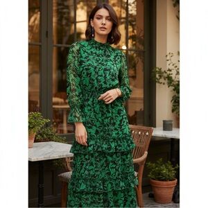Misa Los Angeles Green Floral Ruffled Tiered Maxi Dress